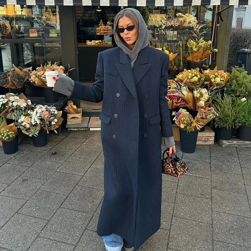 Casual Stripe Long Coat Women's Stylish V-neck Double-breasted Blazer With Shoulder Pad 2025 New Autumn Winter Ladies Outwear