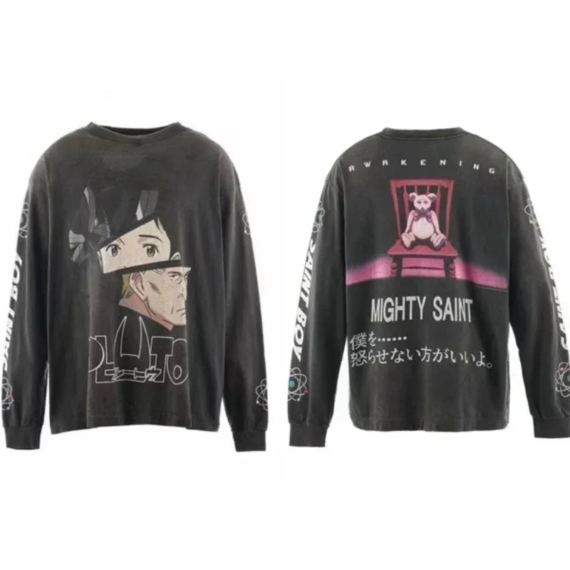25SS Pure Cotton Saint Michael Long Sleeved T Shirts Men Women 1:1 Washed Black Manga Character Print Hoodies