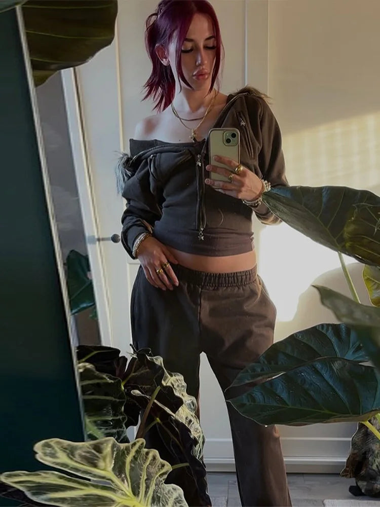 Fashion Solid Feather Hooded Short Jacket Women Zipper Pockets Full Sleeve Waist-closed Coat 2025 Autumn Lady New Street Outwear