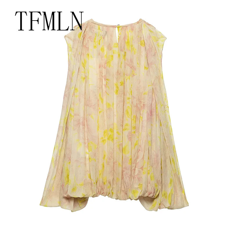 TFMLN Summer Luxury High-End Women Shirt 2025 New Puff Sleeve Chiffon Blouse Back Button Fashionable Feel Beach StylePrint Tops