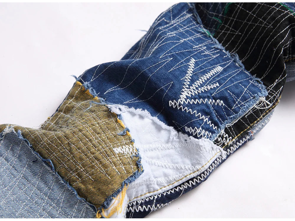 Men Patchwork Denim Jeans Release Hem Colorful Patches Embroidery Pants Non Stretch Cotton Slim Straight Trousers