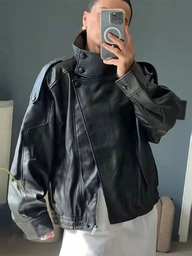 HH 2025 Autumn Women Pu Leather Jacket Vintage Solid Loose Long Sleeve Zipper Turtleneck Coat Casual Office Lady Outerwear
