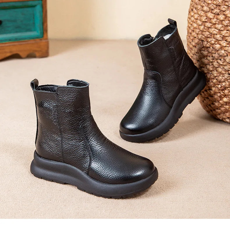 GKTINOO 2025 Winter New Genuine Leather Side Zipper Flat Bottom Women's Short Boots Soft Sole Plush Warm Cotton Shoes