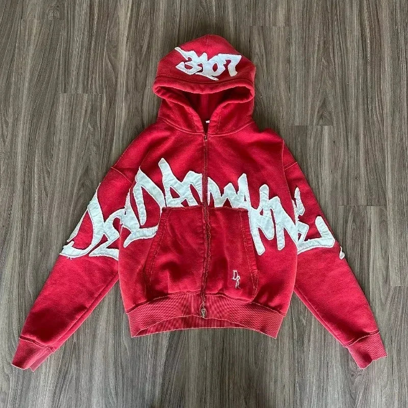 American Y2K New Fashion Trend Fleece Padded Zipper Hoodie Women Street Hip Hop Joker Loose Sweatshirt Couple Casual Punk Hoodie