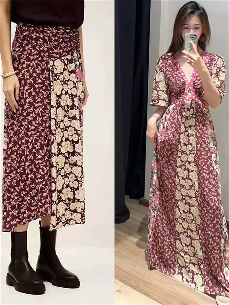 Waist Hollow out Women's Long Dress Deep V Short Sleeve 2025 Summer Lady Floral Printed Robe