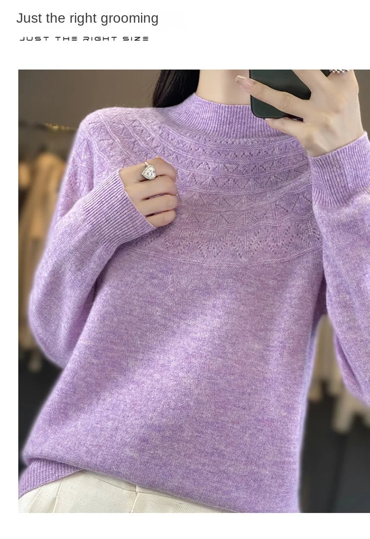 2024 New Line Of Garment Hollowed Out Half Height Women's High-grade Woolen Sweater 100% Pure Wool Multi-color Option WQ