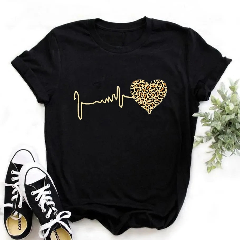 Summer new women's T-shirt with leopard print and heartbeat pattern, short-sleeved