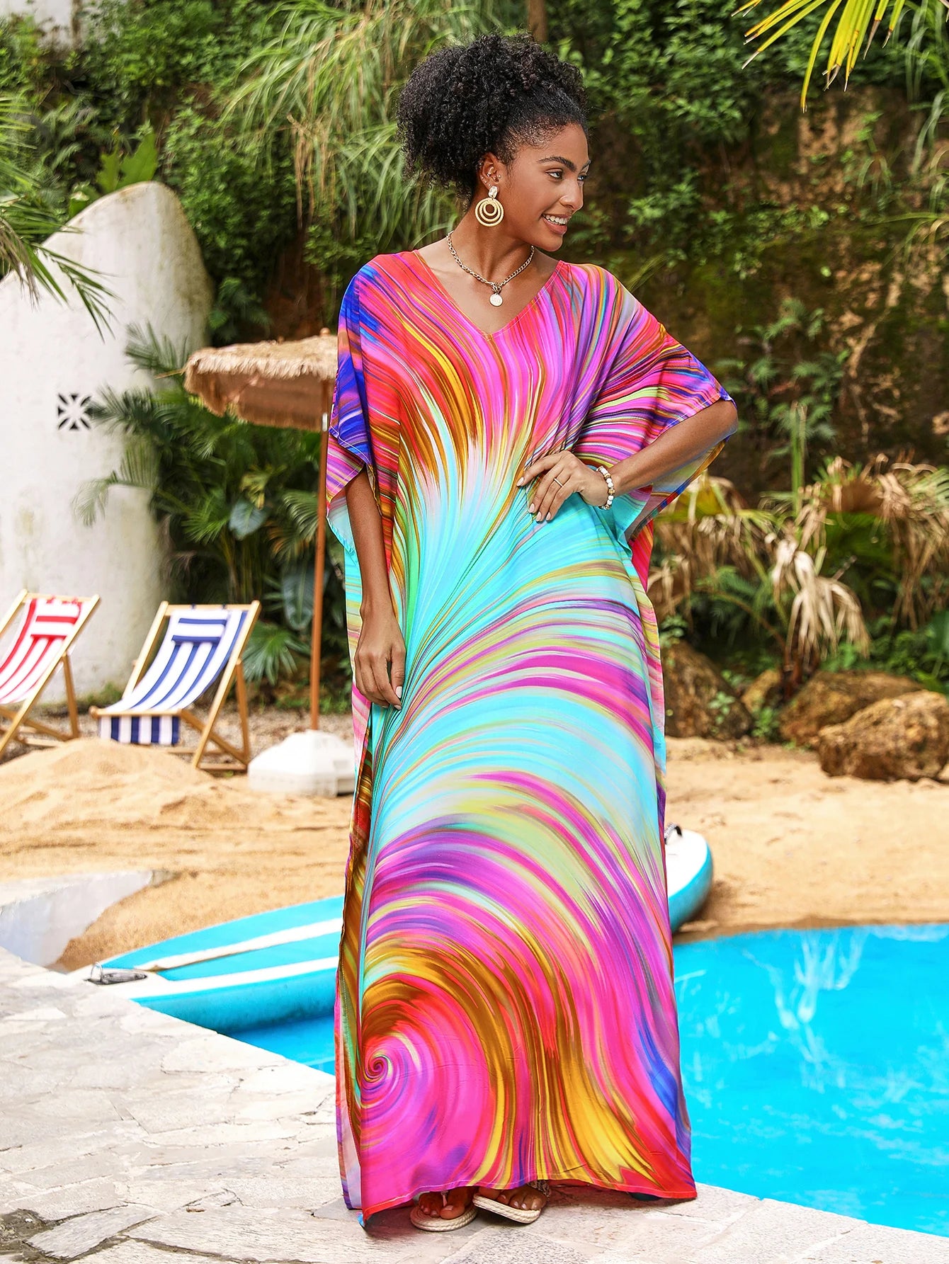 Summer Beach Bohemian Beach Wind V-Tie Side Slits Vacation Skirt Beach Skirt Blouse
