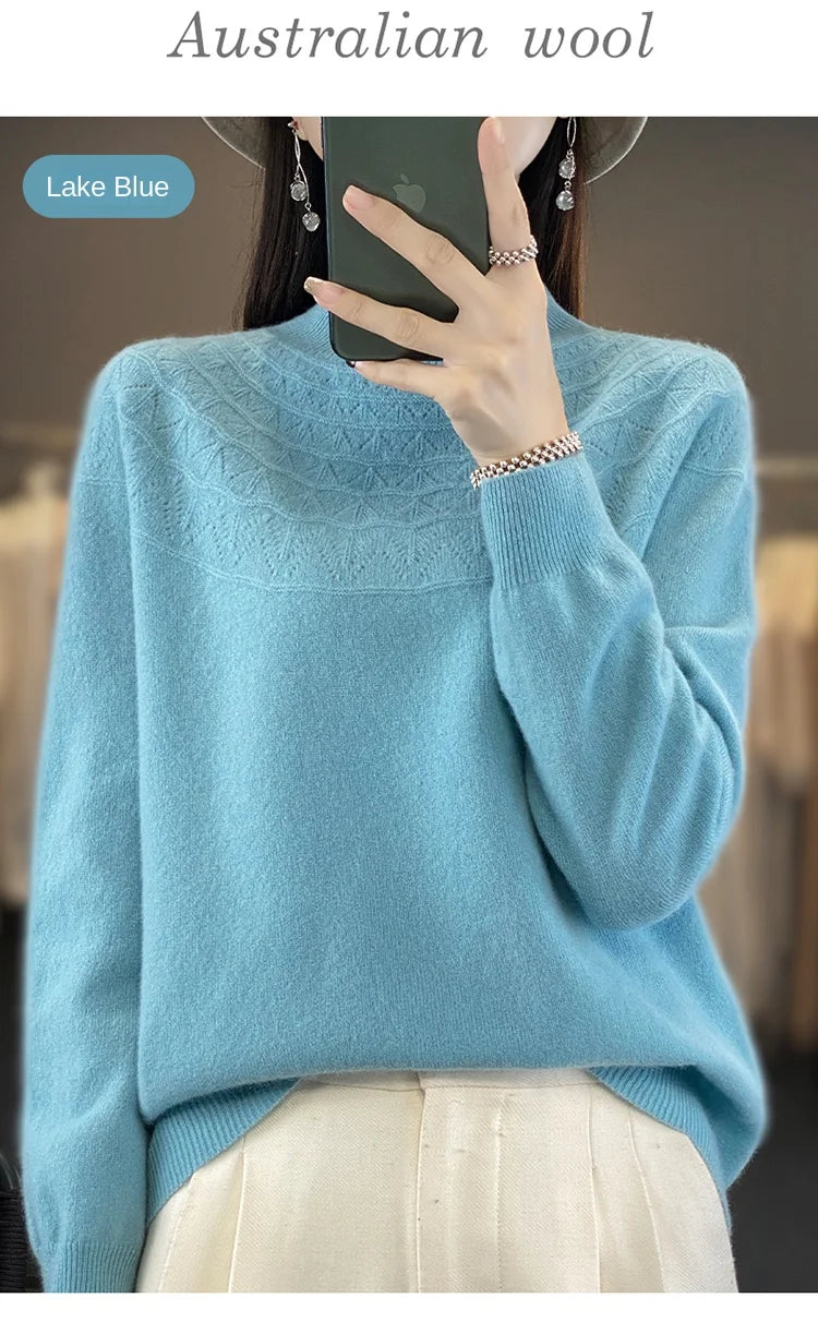 2024 New Line Of Garment Hollowed Out Half Height Women's High-grade Woolen Sweater 100% Pure Wool Multi-color Option WQ