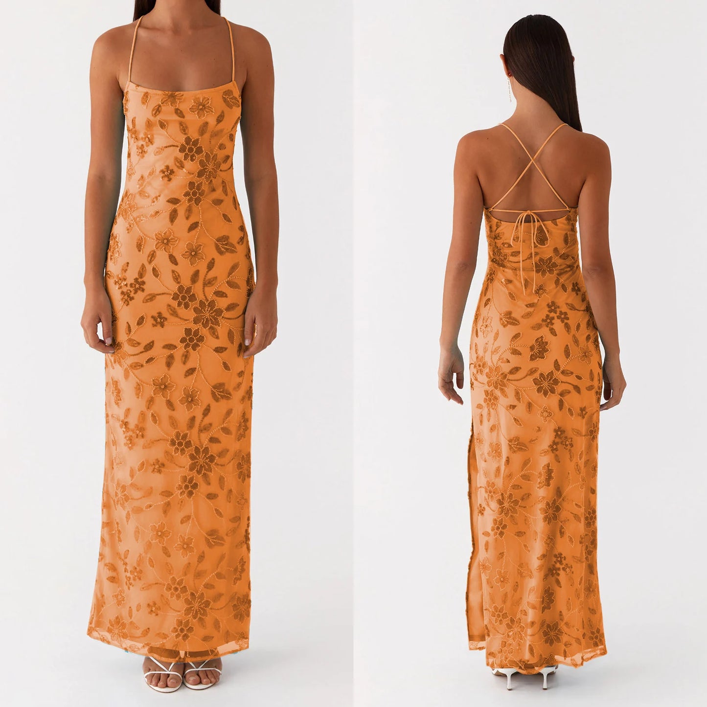 2025 Women Beaded Flower Cami Dress Slim Glitter Sequin High Split Spaghetti Strap Open Back Long Dress for Party Club Vestidos