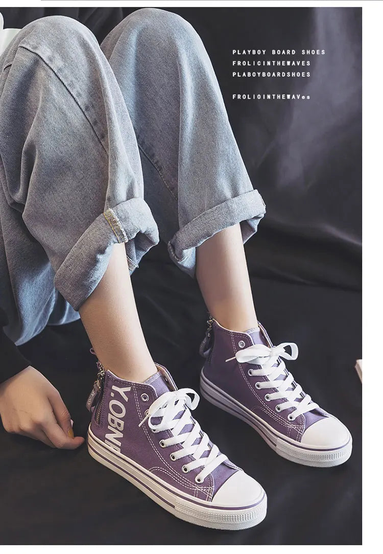 Fashion Purple Womens Canvas Shoes Spring and Autumn High Top Woman Shoes Zipper Breathable Canvas Sneakers Women Vulcanize Shoe