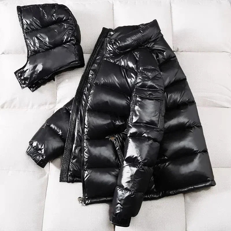 Mens Glossy Parka Casual White Duck Hooded Down Jacket Waterproof Windproof Ski Thick Warm Outwear Men Winter Fashion Shiny Coat