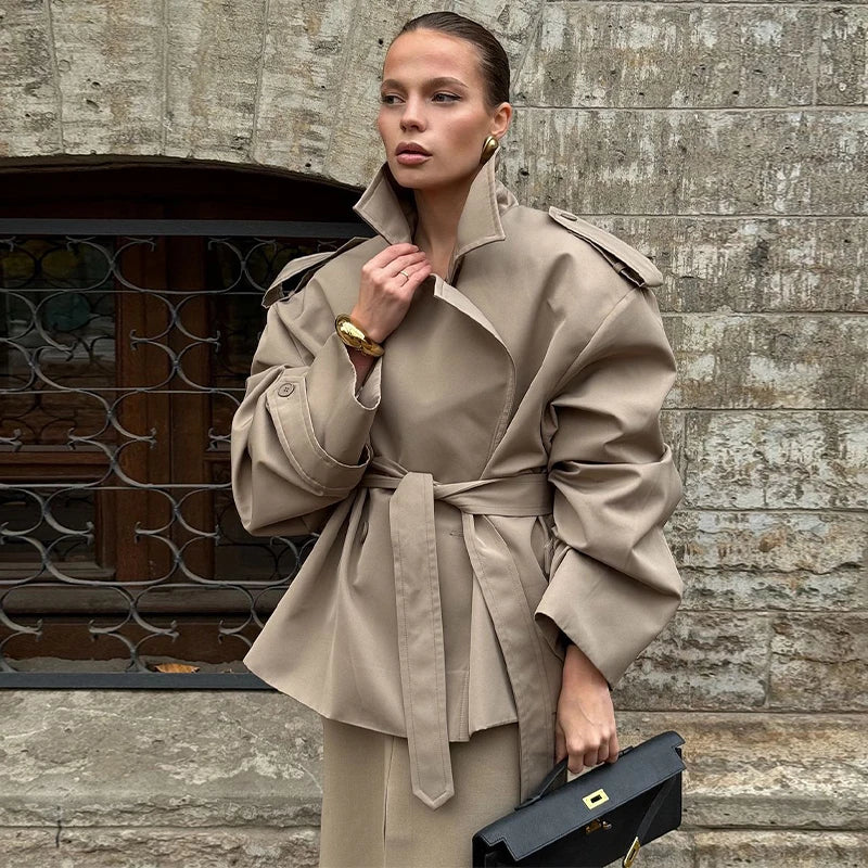 Solid Lapel Lace Up Trench Coat For Women Fashion Long Sleeves Wide Shoulder Short Loose Coat 2025 New Autumn Commute Outwear