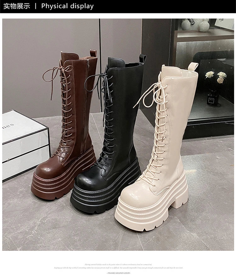 New Women's Roman Long Boots Autumn Winter Knee-high Leather Punk Shoes Chunky Platform Casual Knight Boots Botas Mujer 10CM