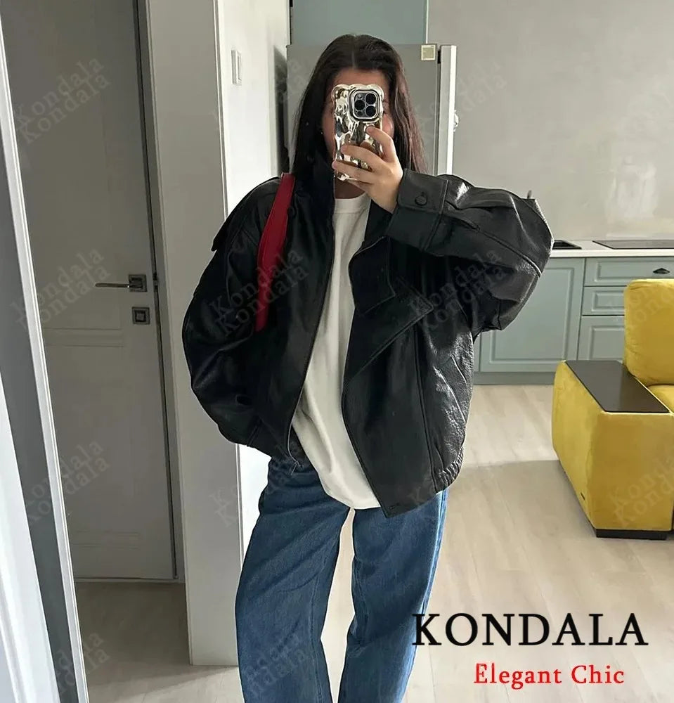 KONDALA Leather Zipper Jacket Women's Fall Winter Standing Collar Faux PU Jacket Coat 2025 Fashion High Street Ladies Y2K Jacket