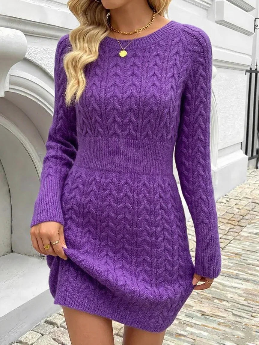 Autumn Winter Retro Twisted Knit Dress for Women, Purple Waist-Defining Slimming Round Neck Long Sleeve Bodycon Sweater Dress