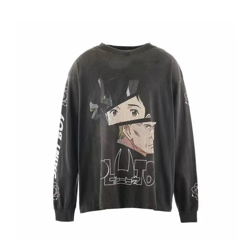 25SS Pure Cotton Saint Michael Long Sleeved T Shirts Men Women 1:1 Washed Black Manga Character Print Hoodies