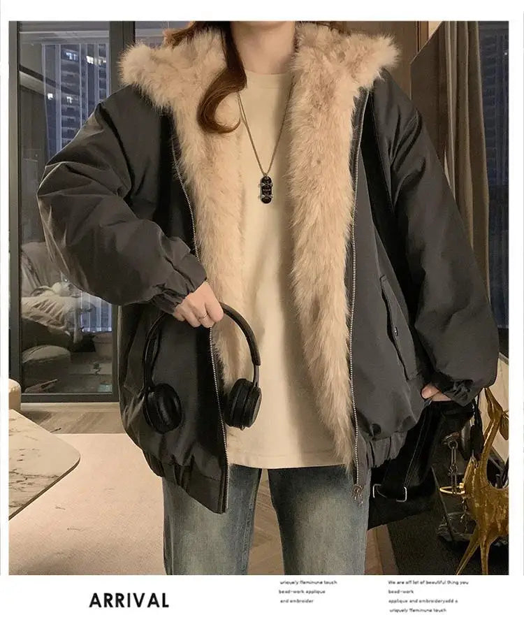 Double-Sided Warm Fur Coat Women Autumn Winter Loose Thicken Plush Cotton Coat 2025 New Women Hooded Imitation Mink Fur Outwear