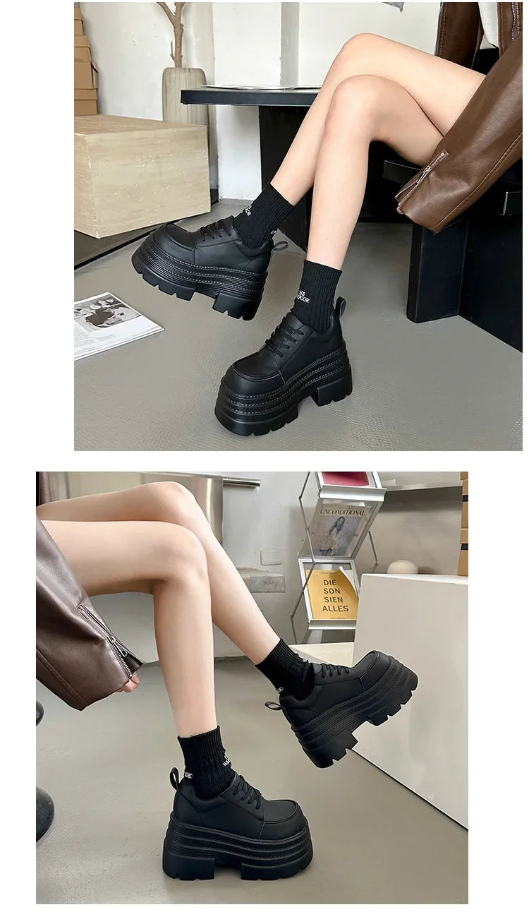 Thick Bottom Fashion Women Pumps Spring Autumn New Height Increase Black Lace Loafers Female High Heels Shoes