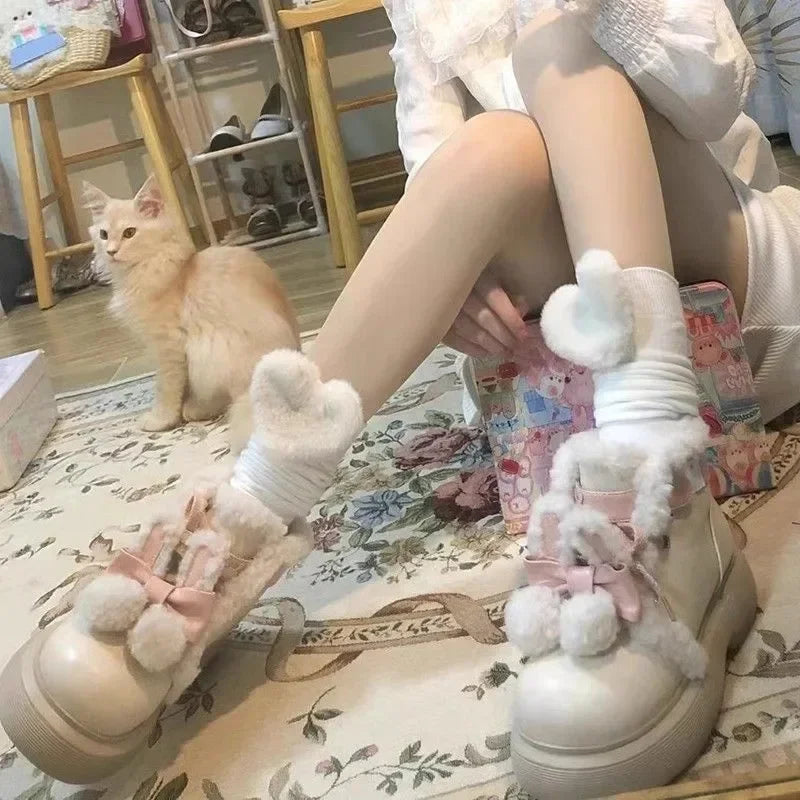 Cute Girls Beige Warming Fur Cross Tied Lace Up Ankle Boots Women Fashion Round Toe Flat Winter Snow Boots Shoes Lady