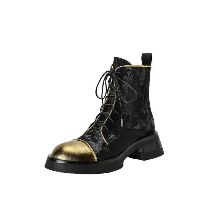 NEW Autumn Women Boots Genuine Leather Shoes for Women Round Toe Chunky Heel Shoes Lace-up Platform Boots Black Ankle Boots