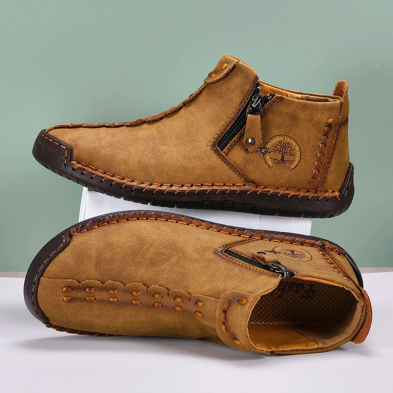New Classic Handmade Leather Men Shoes Zipper Design Outdoor Sneakers Slip On Casual Shoes Leather Breathable Men Ankle Boots