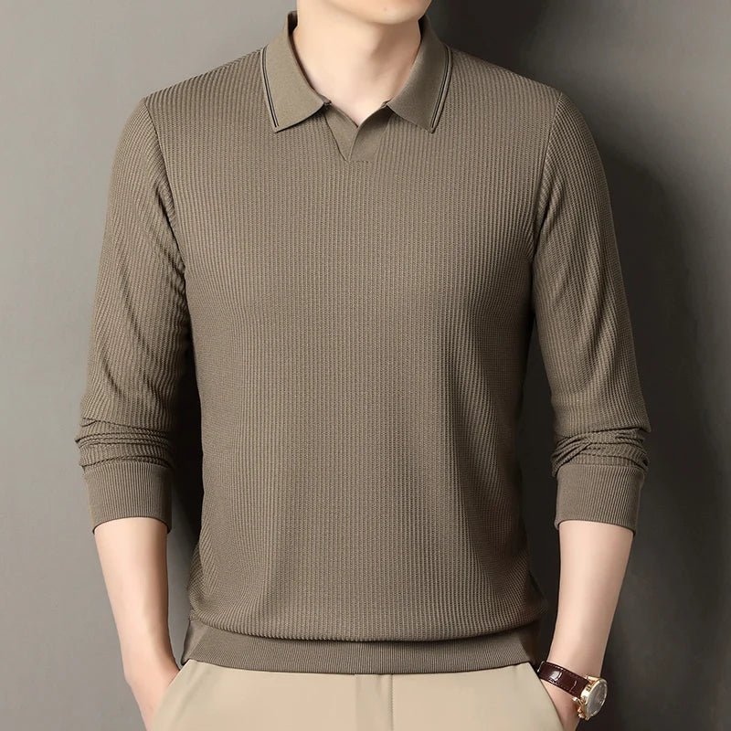 Spring and Autumn men's long sleeved T-shirt, polo shirt, casual trend, casual solid color, V-neck elastic, no heat T-shirt