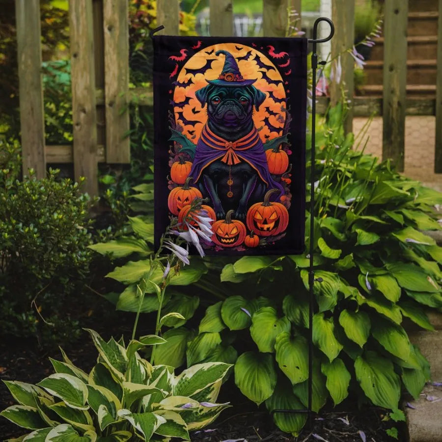 Black Pug Witchy Halloween Garden Flag Mailbox Flag Drative Yard Flag Banner Outside Patio Artwork Yard Flower Beds Garden Size
