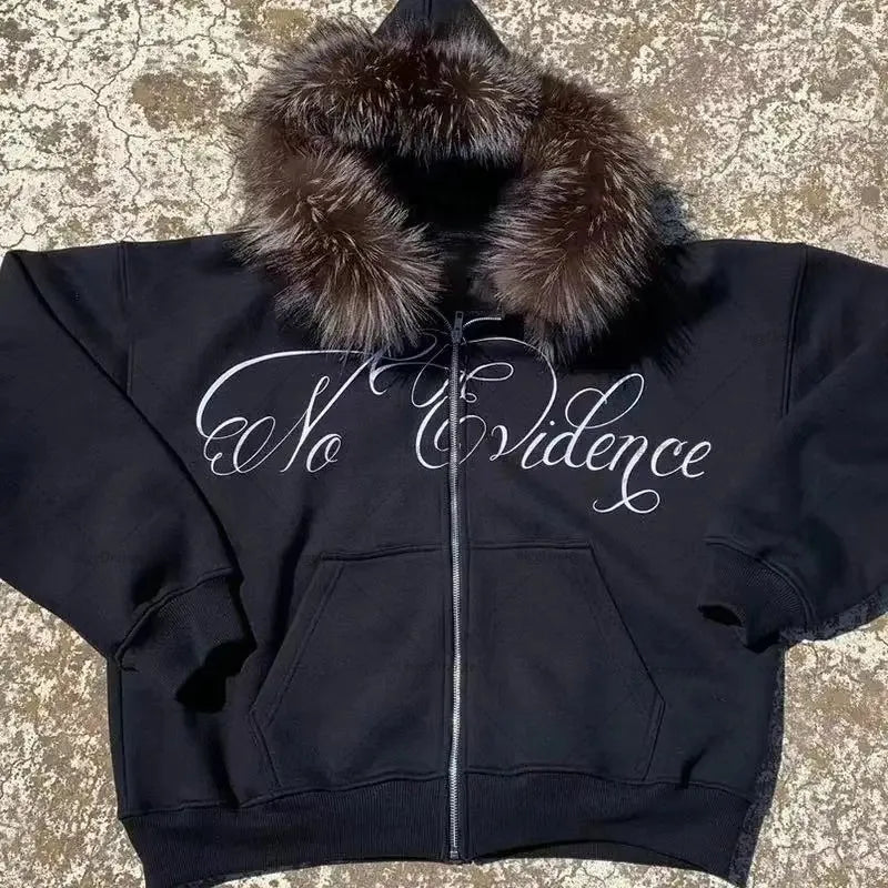 Gothic Harajuku Retro Skull Zipper Hoodie Men Streetwear Y2K Fur Collar Jacket Trendy Hip Hop Casual Oversized Sweatshirt Women