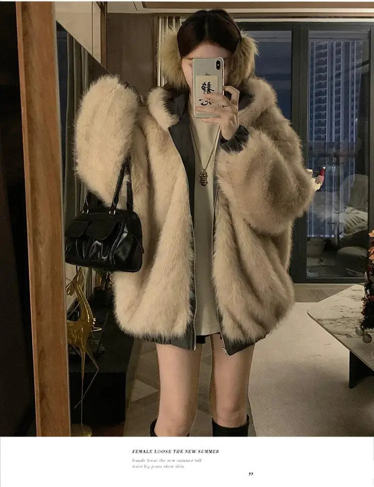 Double-Sided Warm Fur Coat Women Autumn Winter Loose Thicken Plush Cotton Coat 2025 New Women Hooded Imitation Mink Fur Outwear