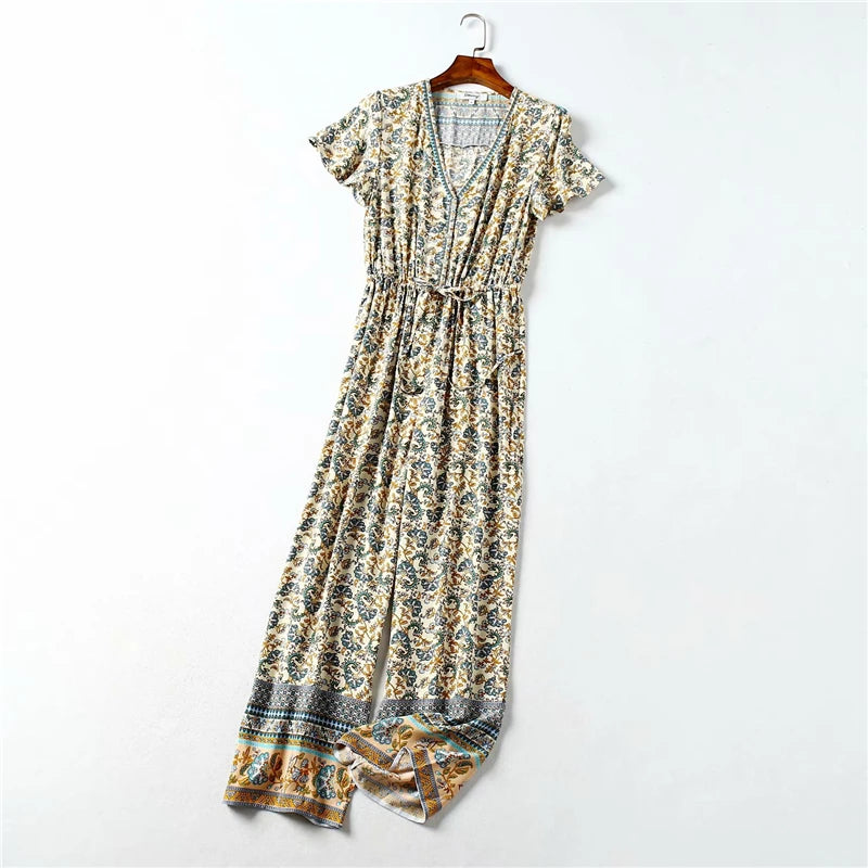 Happie Queens Women Floral Print Lace-up Boho Bodysuits with Pokctes Elastic Waist Short Sleeve Bohemian Rayon Playsuits Rompers