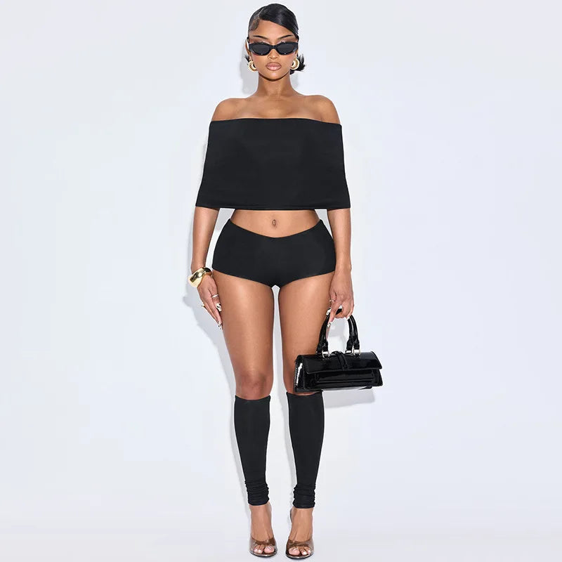 FAGADOER Y2K Sexy Streetwear 2 Pieces Set for Woman Off Showlder Sleeveless Backless Crop Top and Shorts Suit Female Clothing