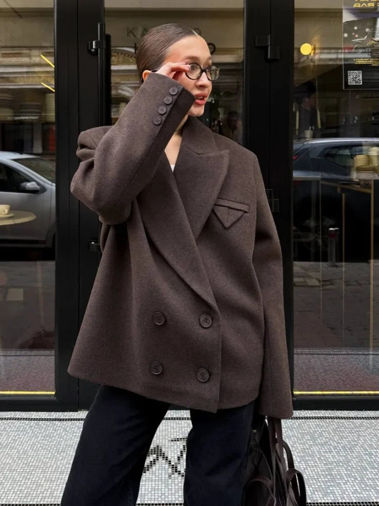 Oversized Wool Jackets Women Casual Cropped Coat Autumn 2025 Solid Color Long Sleeve Double Faced Lady Street Blazer Outerwears
