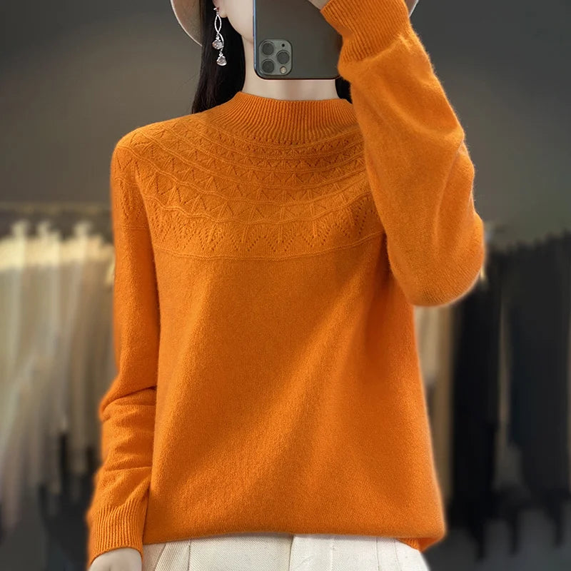 2024 New Line Of Garment Hollowed Out Half Height Women's High-grade Woolen Sweater 100% Pure Wool Multi-color Option WQ