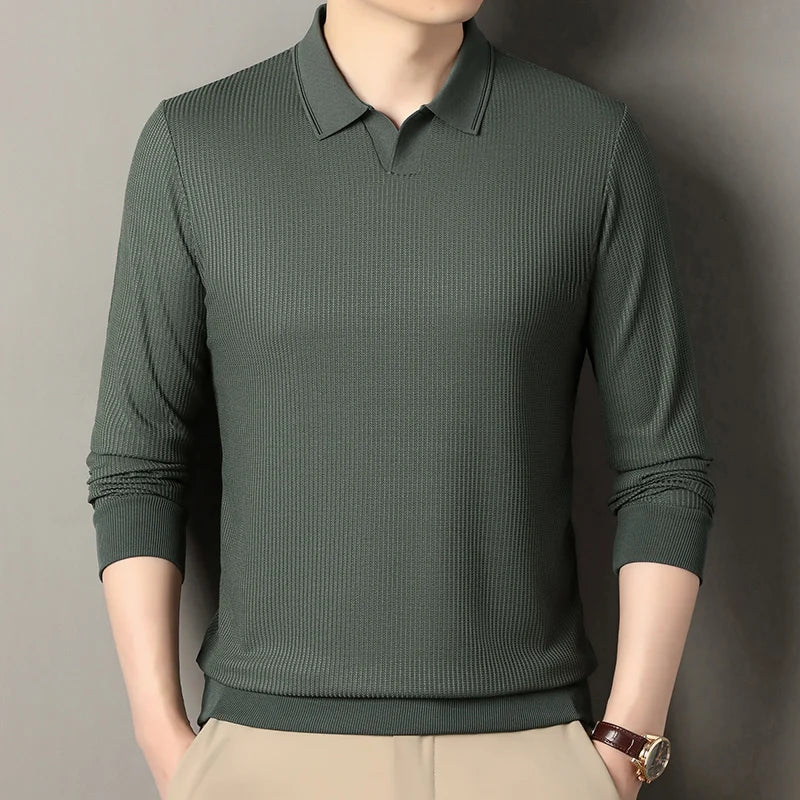 Spring and Autumn men's long sleeved T-shirt, polo shirt, casual trend, casual solid color, V-neck elastic, no heat T-shirt