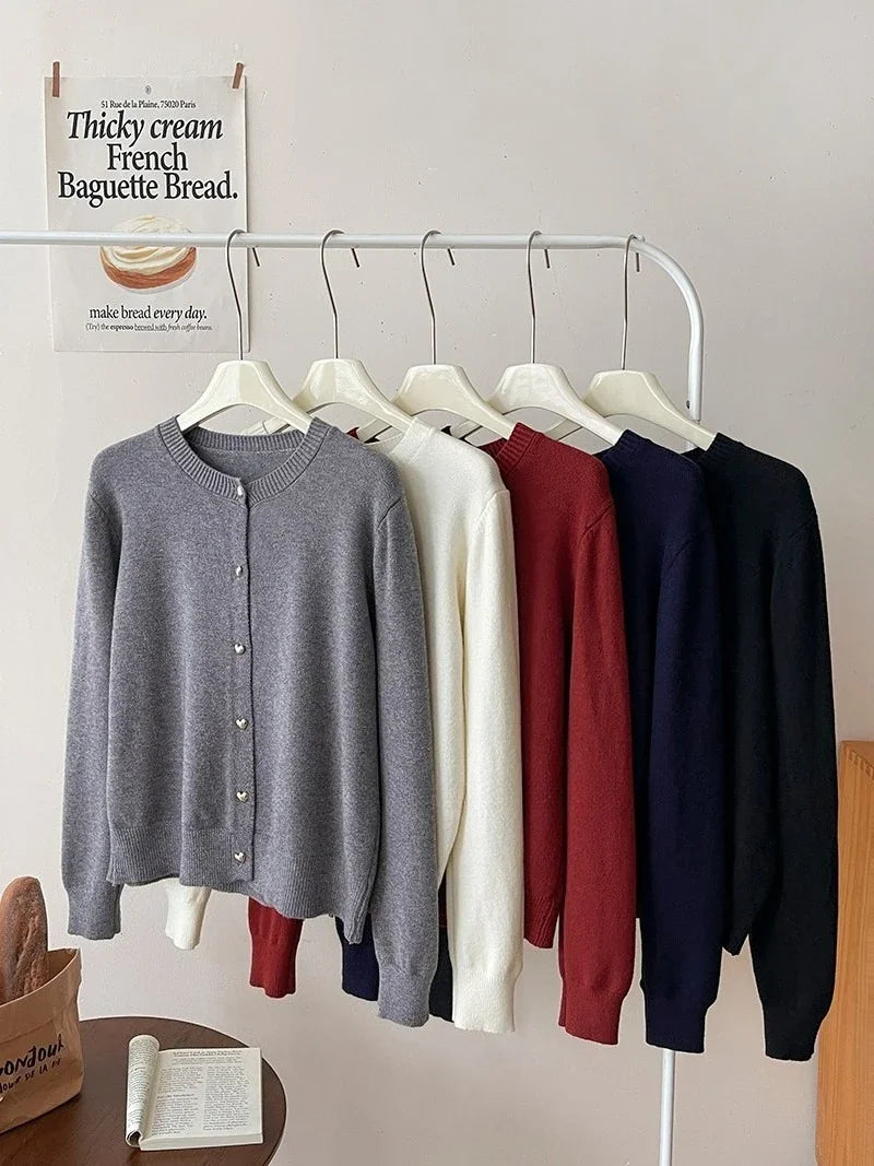Autumn Winter 2025 New Women's Retro Love Small Gold Buckle Cardigan Female Casual Solid Long Sleeve Slim Knitted Sweater