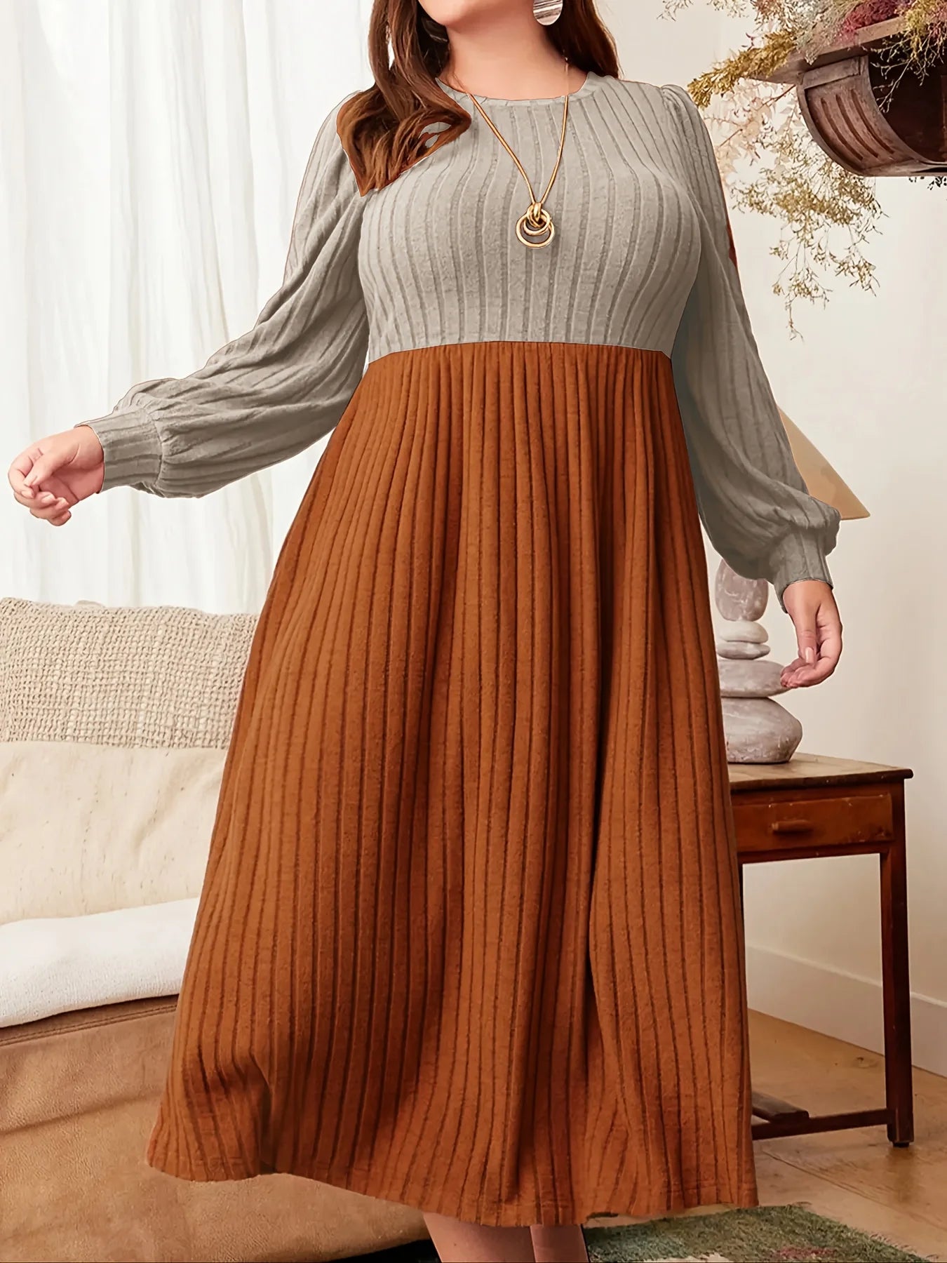 Autumn and winter style large size contrast color stitching long skirt round neck long sleeves slimming and elegant dress