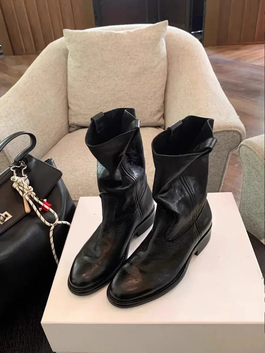 New Fashion Boots for Women Spring/Autumn Square Heel Female Mid-Calf Boots Ladies Slip-On Pointed Toe WESTERN Boots Women
