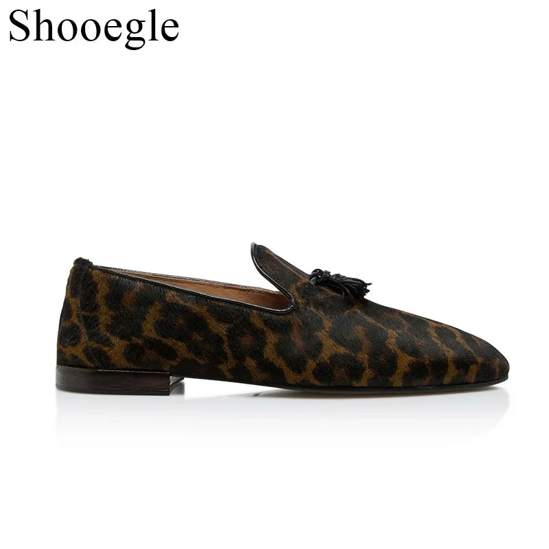 Tassels Leopard-print Low-heel Animal Print Pattern Loafers Foot Groove Design Party Wedding Office Casual Shoes Men