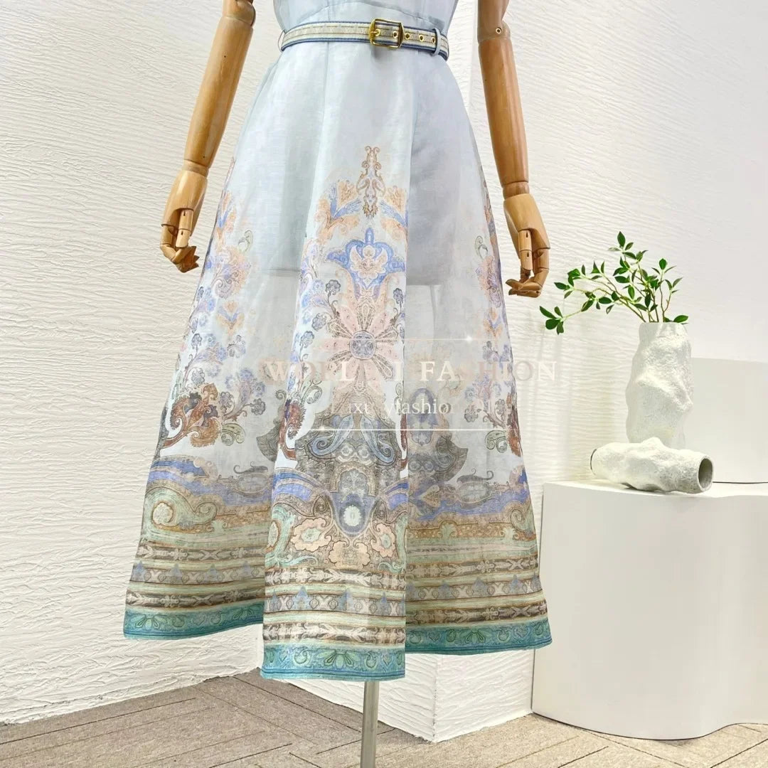High Quality Blue Paisley Print Short Sleeve Stand Collar Midi Dress