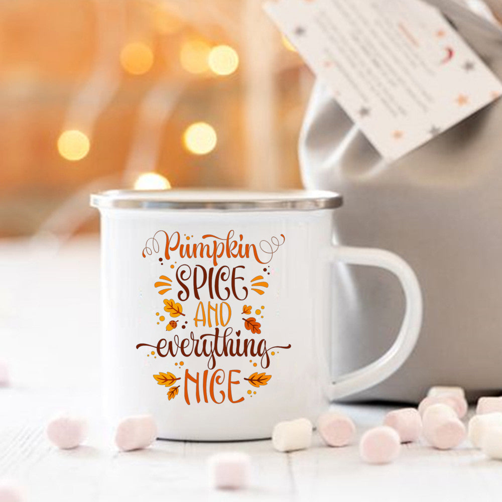 Pumpkin Spice and Everything Nice Enamel Mug Halloween Camping Mug Autumn Home Decor Fall Coffee Mug Festive Gifts for Kids