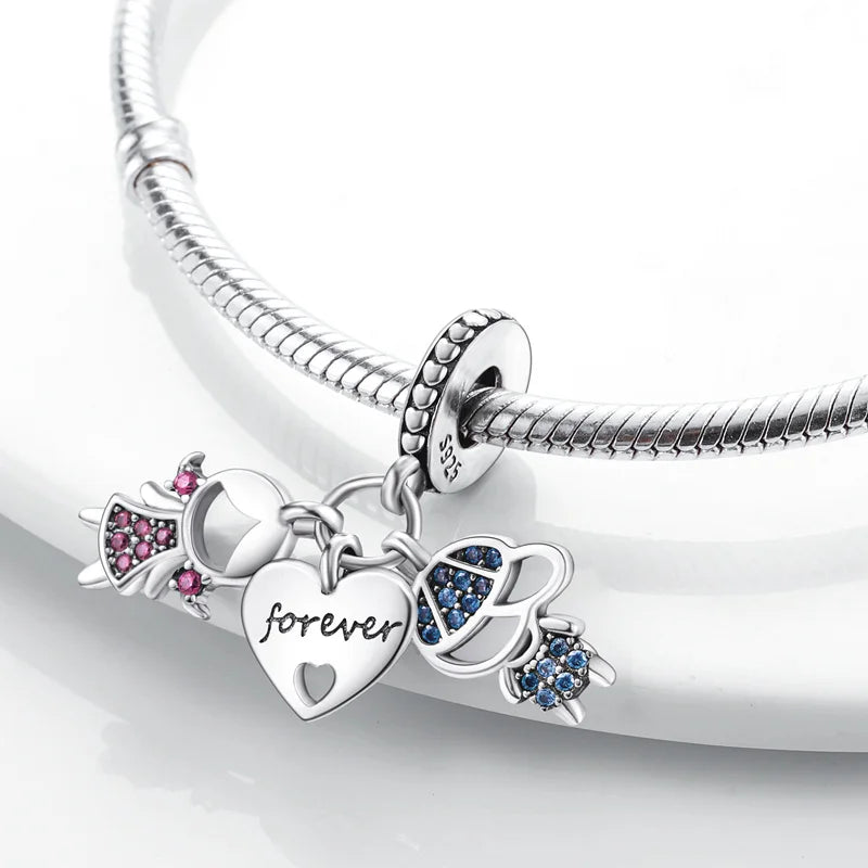 Original 925 Sterling Silver Love Heart Family Charm Beads Pendant Fit Bracelet Charm Women DIY Jewelry Gift