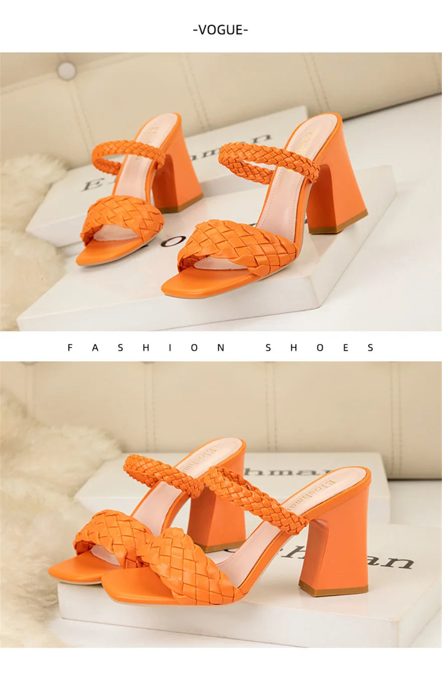 Fashion Weave Thick Heel Women's Slippers Square Toe Summer Casual Ladies Slides Red Orange Shoes Slip On Beach Sexy Pumps Woman