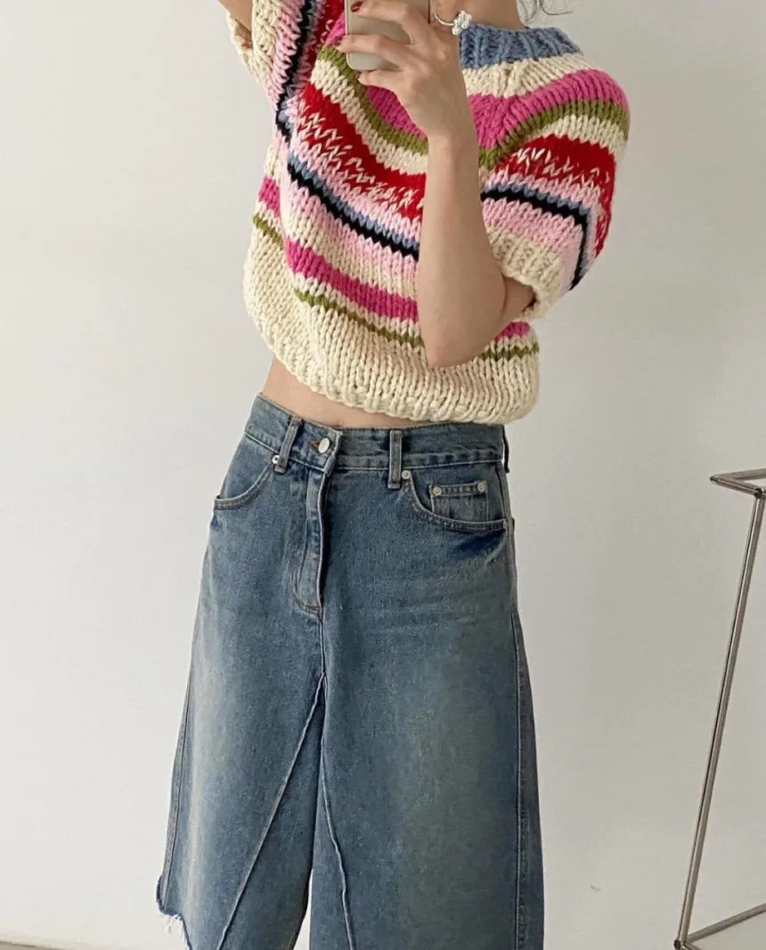 Chic Vintage Heavyweight Knitted Loose ort Sve Striped Sweater for Women Summer Collection oulder Sve
