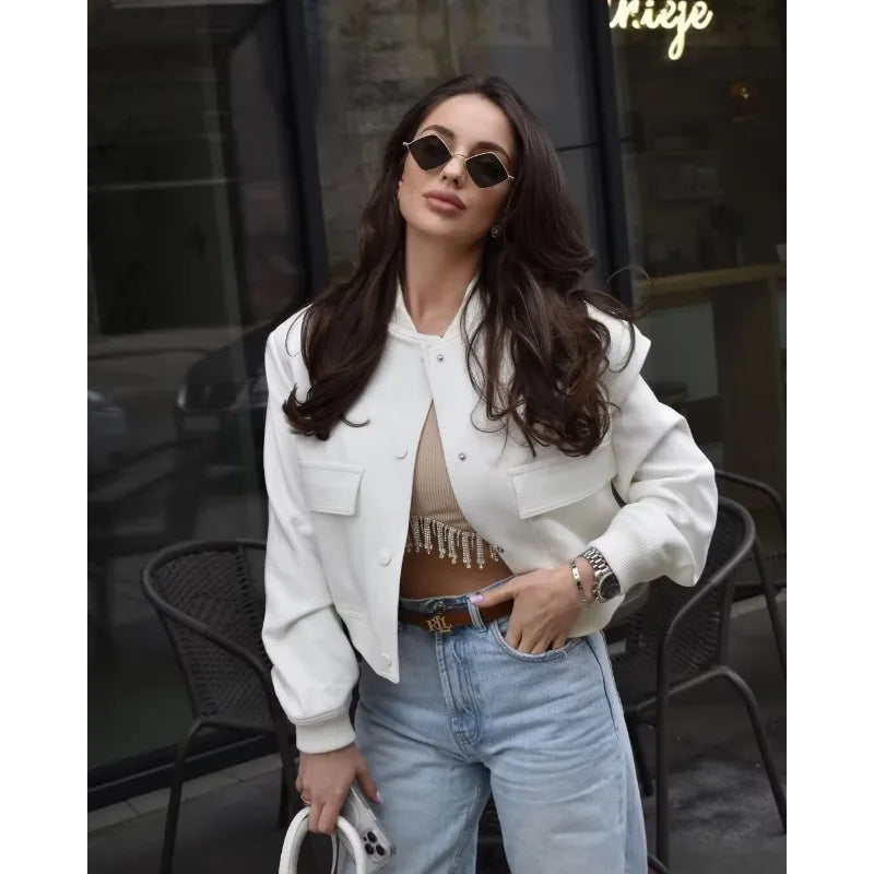 MUJER 2025 Woman Bomber Jacket White Autumn Winter Button Cropped Jackets for Women Fashion Long Sleeve Women Coats Outerwears