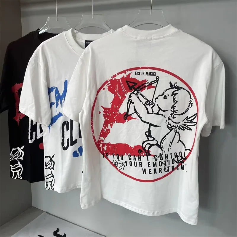 Oversized MIXED EMOTION White T-Shirts Men Women Pure Cotton Casual Red Hot Drill Letters Tshirts