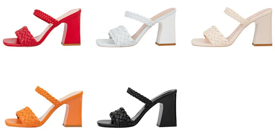 Fashion Weave Thick Heel Women's Slippers Square Toe Summer Casual Ladies Slides Red Orange Shoes Slip On Beach Sexy Pumps Woman