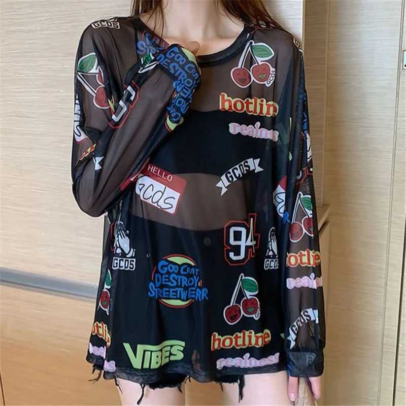Women Letter Graphic Print Sexy Sheer Mesh Harajuku Y2K T Shirt Summer Trendy Long Sleeve Thin Tees Casual Streetwear Tops Ropa