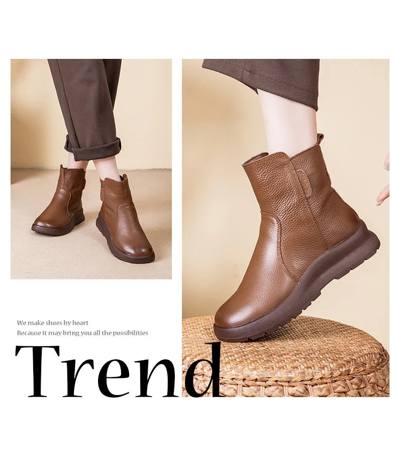 GKTINOO 2025 Winter New Genuine Leather Side Zipper Flat Bottom Women's Short Boots Soft Sole Plush Warm Cotton Shoes