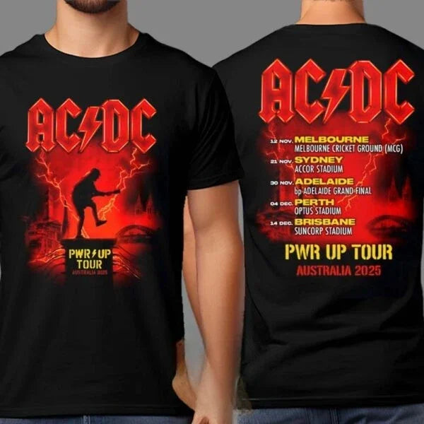 Are You Ready for ACDC? PWR UP 2025 Australia Tour Map Double-sided Printed Unisple T-shirt, High-quality Luxury Brand Ins Y2k